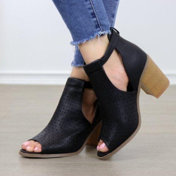 Peep Toe Black Faux Leather Heeled Ankle Boots - Picture 4 of 7